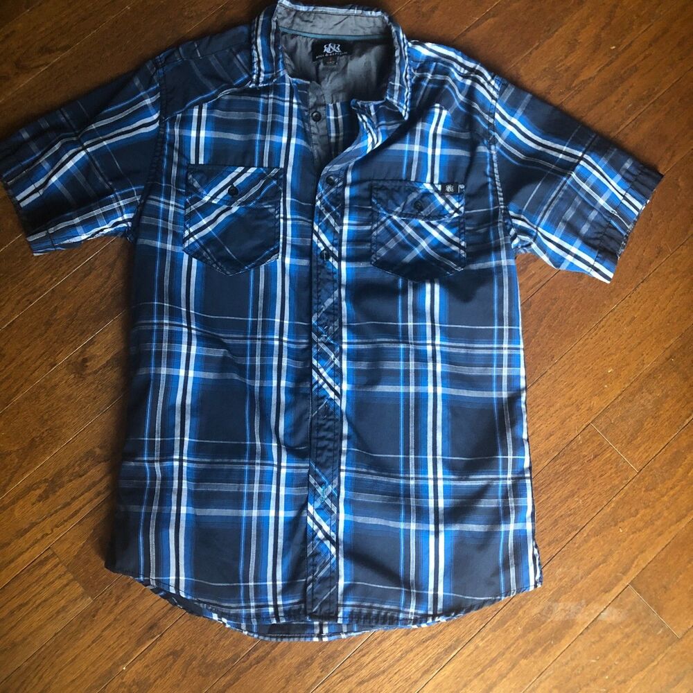 Rock & Republic Short Sleeve Button‎ Down Blue Plaid Shirt Size Small